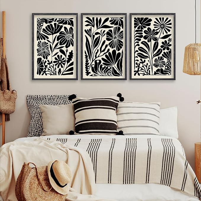 Abstract Floral Botanical Wall Art 16x24 Inch 3 Piece Black Vintage Boho Plant Flower Minimalist Wood Frame Sign Home Living Room Family Office Mid Century Print Wall Hanging Decor (Black)