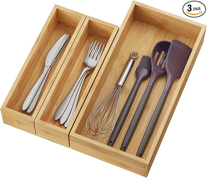 BAMEOS 3-Piece Bamboo Drawer Organizer, Utensil Organizer for Drawer, Junk Drawer Organizer for Kitchen Bathroom, Dressing Room, Office, Pantry (Natural)