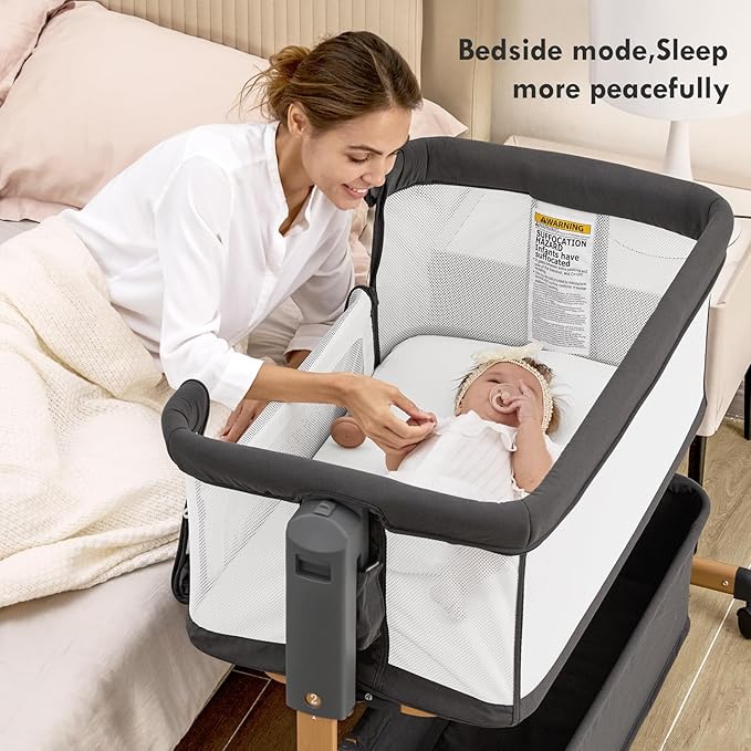 Baby Bassinet Bedside Sleeper,3-in-1 Rocking Bassinet for Baby with 6-Level Height Adjustable, 4 Wheels & Breathable Mesh Walls, Portable Bedside Crib with Mattress for Newborn