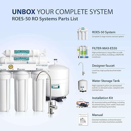 APEC Water Systems ROES-50 Essence Series Top Tier 5-Stage WQA Certified Ultra Safe Reverse Osmosis Drinking Water Filter System