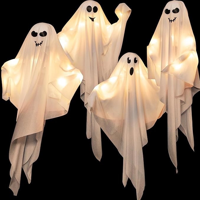 4 Pack Halloween Hanging Ghosts, 27.5 Inch with Light Up Ghost Kit for Indoor Outside Ornaments, Spooky Yard Tree Halloween Decorations Outdoor, Party Décor