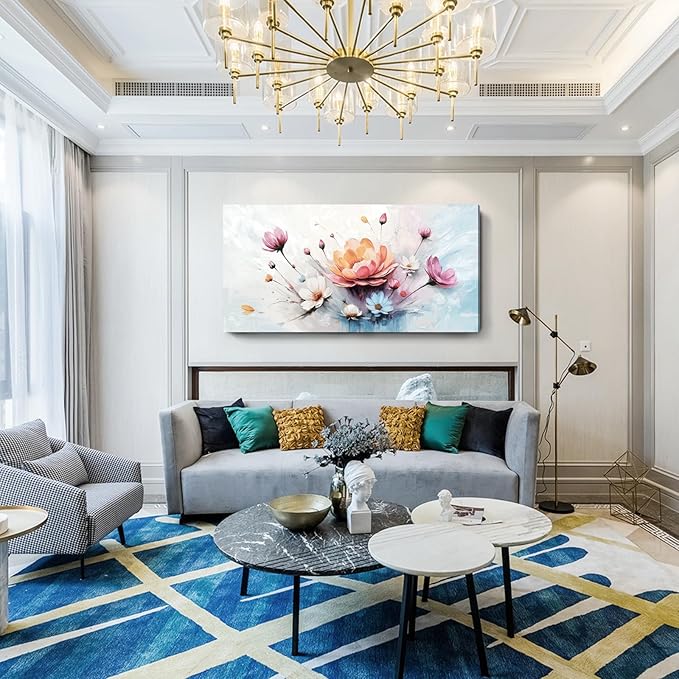 amatop Oversized Wall Art for Living Room Elegant Pink White Blue Floral Art Print Large Abstract Nature Botanical Picture Contemporary Garden Bloom Canvas Decoration Bedroom Office Hallway 58x29 inch