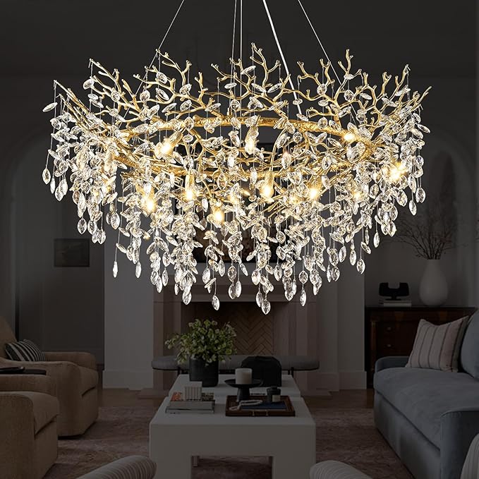 14-Light Modern Large Crystal Chandelier for Dining Room, 48" Round Gold Crystal Tree Branche Chandelier, Living Room Crystal Chandelier, Crystal Chandeliers for High Ceiling,Entryway,Foyer