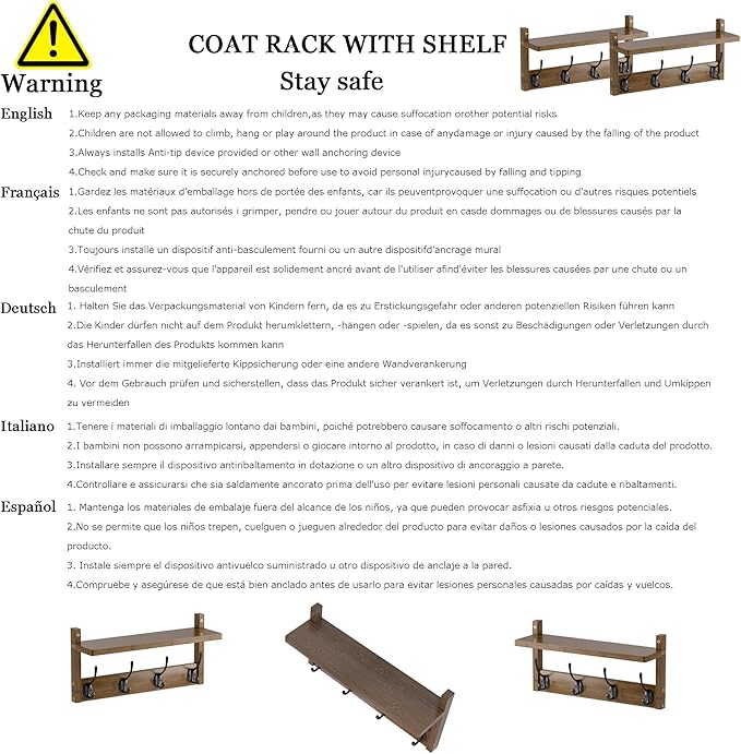 2 Pack Coat Rack Wall Mount, Bamboo Coat Hook with Storage Shelf, Coat Hanger with 8 Dual Hooks, Wall Floating Shelf for Entryway Hallway Kitchen, Bathroom, Bedroom (White+Slive)