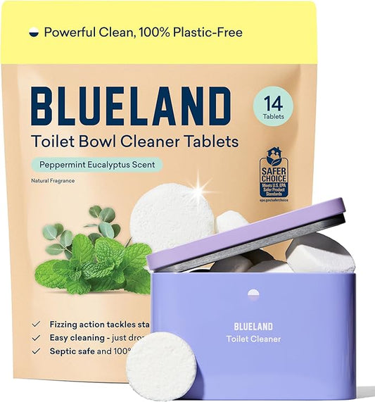 BLUELAND Toilet Bowl Cleaner Tablets, Starter Set, 14 Count with Tin, Peppermint Eucalyptus, Plastic-Free, No Harsh Chemicals, Plant-Based