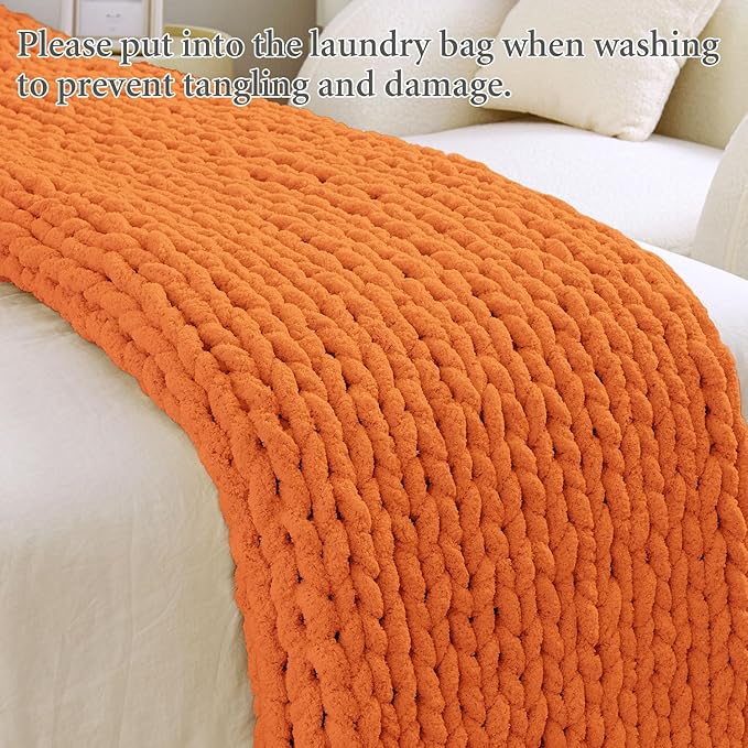 Admitrack Chunky Knit Blanket Throw, 100% Hand Knit Chenille Throw Blanket for Sofa & Home Decor, Soft and Cozy Knitted Throw Blankets (Orange, 51"x63")