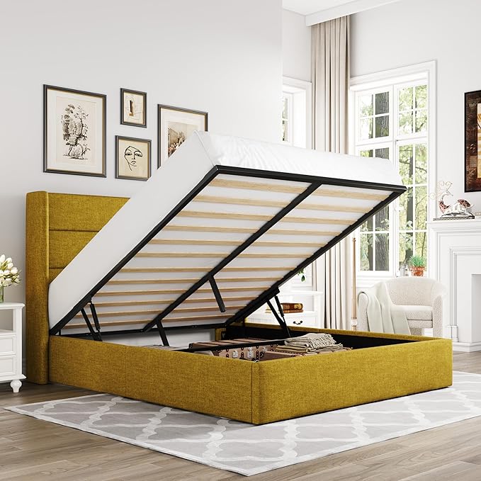 Allewie Queen Size Lift Up Storage Bed, Modern Wingback Headboard, Hydraulic Support, No Box Spring Needed, Olive Yellow
