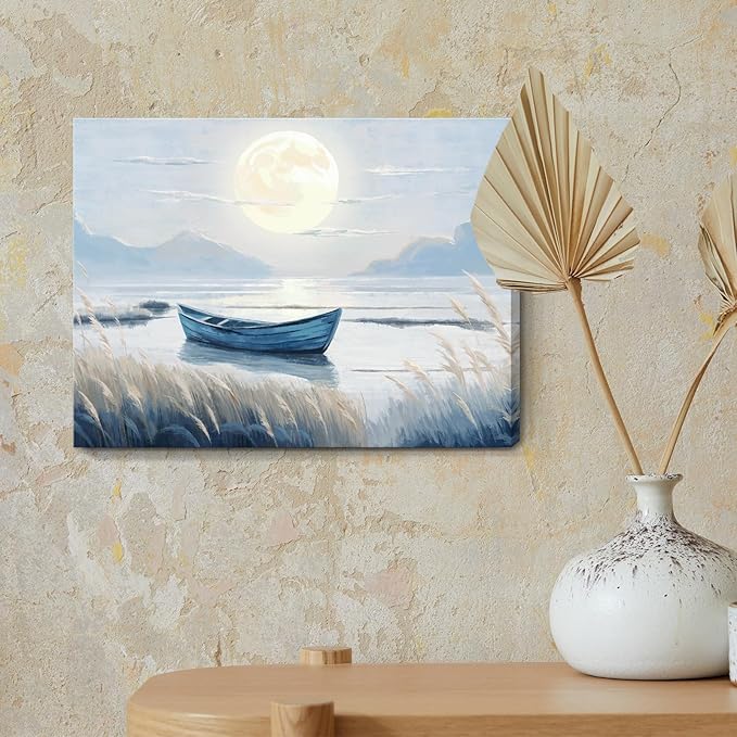 amatop Coastal Bathroom Wall Art Blue Beach Nautical Ocean Nature Canvas Picture with Boat Moon Lake Mountain Sea Relaxing Serene Landscape Gallery Wrapped Artwork for Modern Home Bedroom Decor 16x12