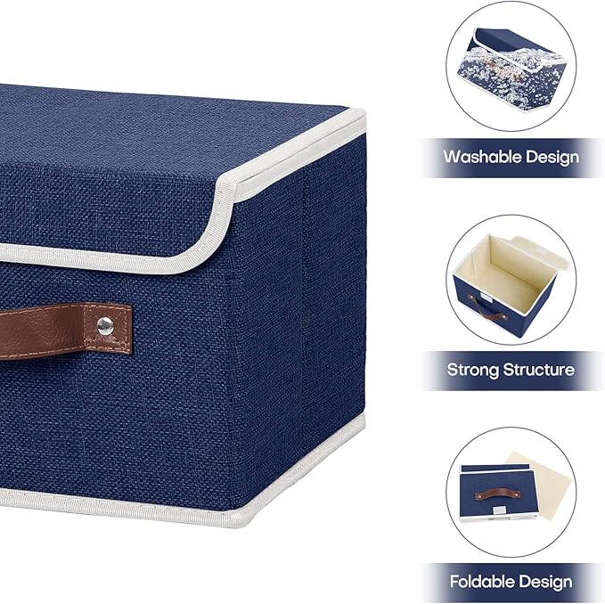 ANMINY Storage Bin with Lid Storage Boxes with PU Leather Handles PP Plastic Board Decorative Foldable Lidded Cotton Linen Fabric Home Cubes Baskets Closet Organizer Container - Blue, Small Size