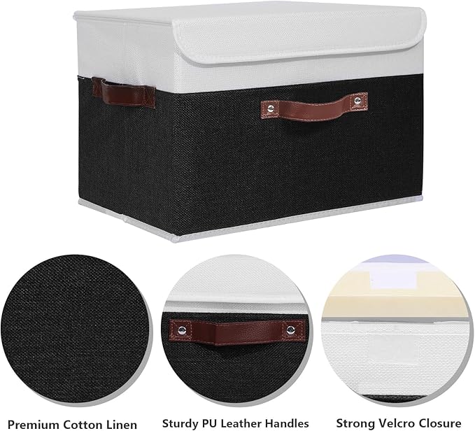 ANMINY Storage Boxes with Lids Washable Decorative Storage Bins Basket with PU Leather Handle Foldable Linen Fabric Storage Cubes Containers for Home Closet Organizer - Black White, Large Size