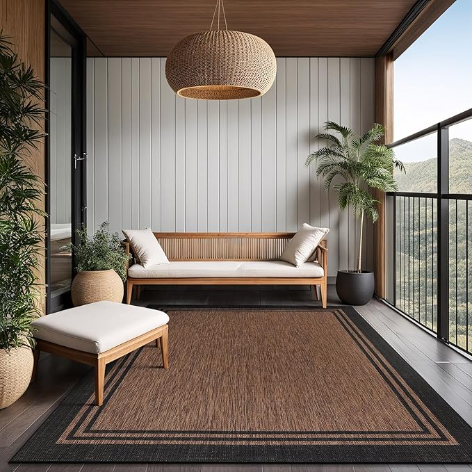 Bordered Outdoor Rug 6x9 Washable Outside Carpet for Indoor Patio Porch Waterproof Easy Cleaning Non Shedding Area Rugs Nut Brown 6 x 9