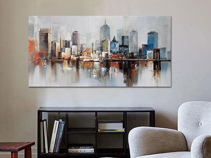 Arjun Brooklyn Bridge Wall Art Modern New York City Abstract Canvas Cityscape Painting Large Size Framed, Colorful NYC Skyline Textured Picture for Living Room Bedroom Home Office Wall Decor, 40"x20"