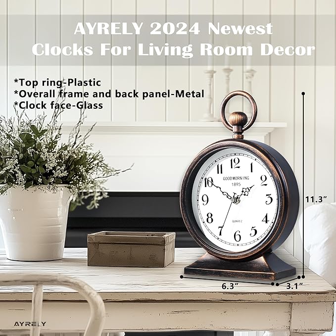 AYRELY® 7-Inch Vintage Mantel Clock with Handle,Antique Metal Desk Clocks Battery Operated,Retro Table Clock for Bedroom Living Room Shelf Farmhouse Fireplace Décor