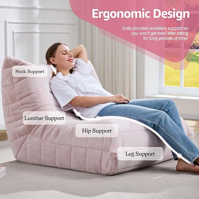 Bean Bag Chairs for Adults Giant Bean Bag Chair Memory Foam BeanBag Chair Big Bean Bag Sofa with Filler Faux Fur Fireside Beanbags Lazy Sofa for Living Room Bedroom Dorm Office (Pink Plush)