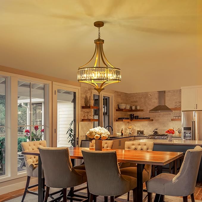 20" Modern Crystal Chandelier, 5-Light Gold Dinning Room Light Fixtures Over Table, Hanging Round Pendant Chandelier for Kitchen Island Entryway Bedroom Office Bathroom Stairwell