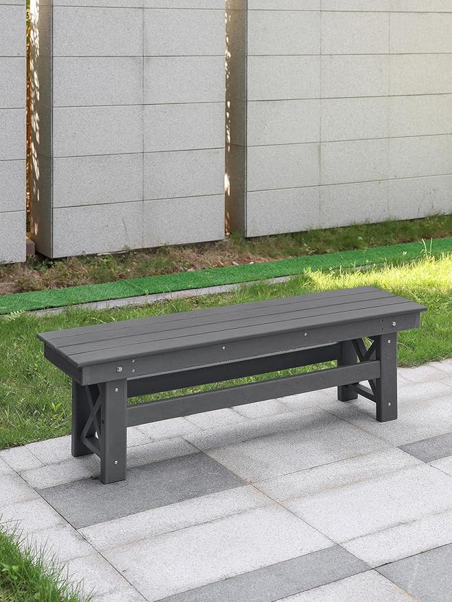 HDPE Outdoor Bench, 55" Patio Bench Outdoor Furniture, Poly Lumber Adirondack Benches, Fade-Resistant HDPE Garden Backless Benches for Park, Poolside, Porch, Smoke Gray