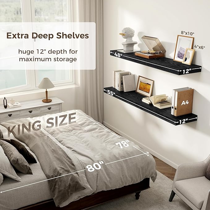 Black Floating Shelves 55 Inch Long, 12 Inch Deep Floating Shelves for Wall, 55 x 9 Large Floating Shelf for Fireplace Mantel, 2" Thicked Wall Shelves for Living Room, Bedroom Storage, 1 Pack