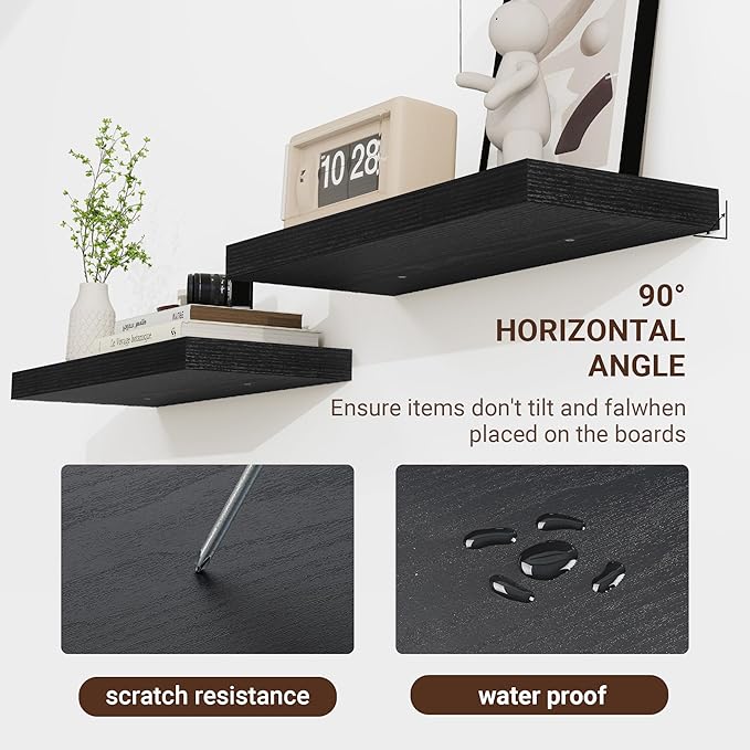 24 Inch Floating Shelves, 24"x9.25"x1.5" Inch Deep Floating Shelves for Wall, Wooden Shelves for Bathroom, Bedroom, Living Room, Black