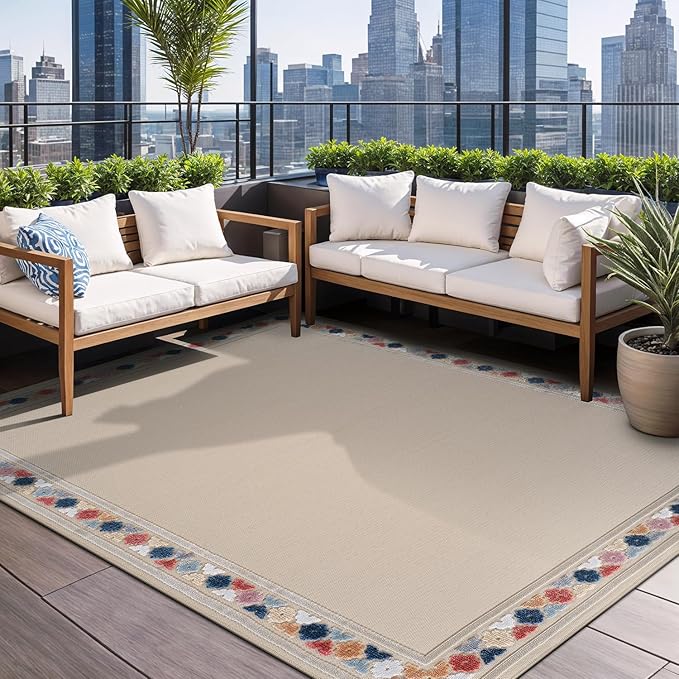 Beverly Rug Outdoor Rug 9x12 Modern Bordered Large Area Rugs for Indoor and Outdoor Patio Easy to Clean Non Shedding Living Room Porch Garden Washable Outside Carpet (9 x 12 Beige)