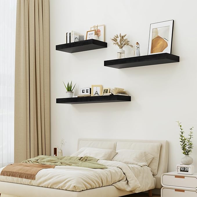 Heimlove 12" Deep Floating Shelves Black,Over Toilet Long Wall Mounted Modern Farmhouse 36 inches,Wall Shelves with Invisible Brackets for Bedroom, Bathroom, Living Room, Kitchen, Set of 1