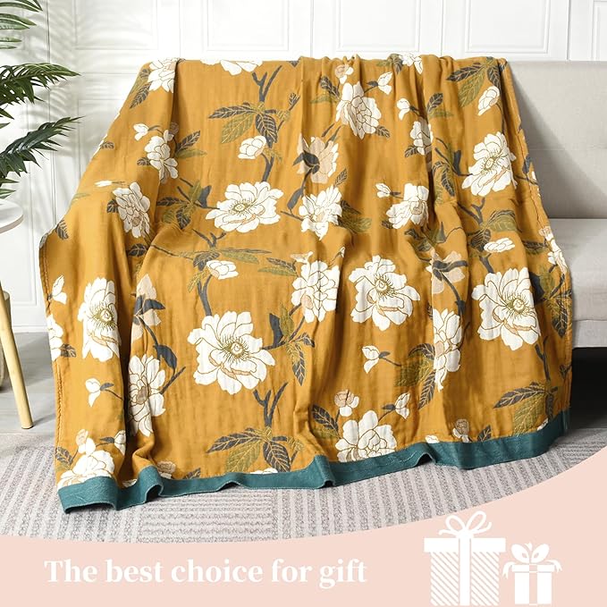 Boho Throw Blanket for Bed - 100% Pure Cotton Ultra Soft Rustic Quilt - Farmhouse Decor Bed Blankets, All Season Rustic Throw for Sofa Couch Chair(80''x 90'', Flower Branch 2)