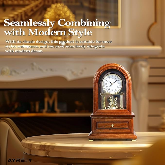 AYRELY® Wooden Table Anniversary Clock, Antique Shelf Clocks, Revolving Pendulum Mantel Clocks, Desk Grandfather Clock for Living Room, Home Decor Gift