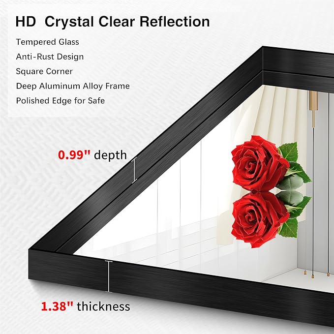 Black Bathroom Mirror, 36x55 Inch Rectangular Deep Frame Mirror, Large Wall Mounted Bathroom Vanity Mirror Over Sink for Bedroom,Restroom, Living Room, Hangs Vertically or Horizontally