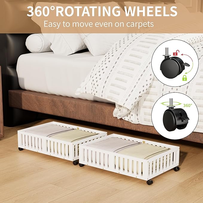 Bamboo Under Bed Storage with Wheels (2-Pack) – Rolling Underbed Shoe Organizer Box for Shoes, Blankets, Toys, Clothes Container Space-Saving Organizer Bins for Bedroom, Closet, Dorm, Nursery
