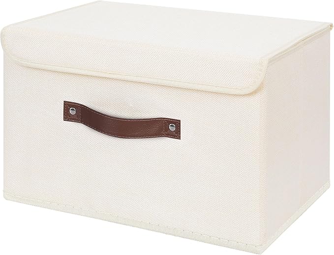 ANMINY Storage Bin with Lid Storage Boxes with PU Leather Handles PP Plastic Board Decorative Foldable Lidded Cotton Linen Fabric Home Cubes Baskets Closet Organizer Container - Beige, Large Size