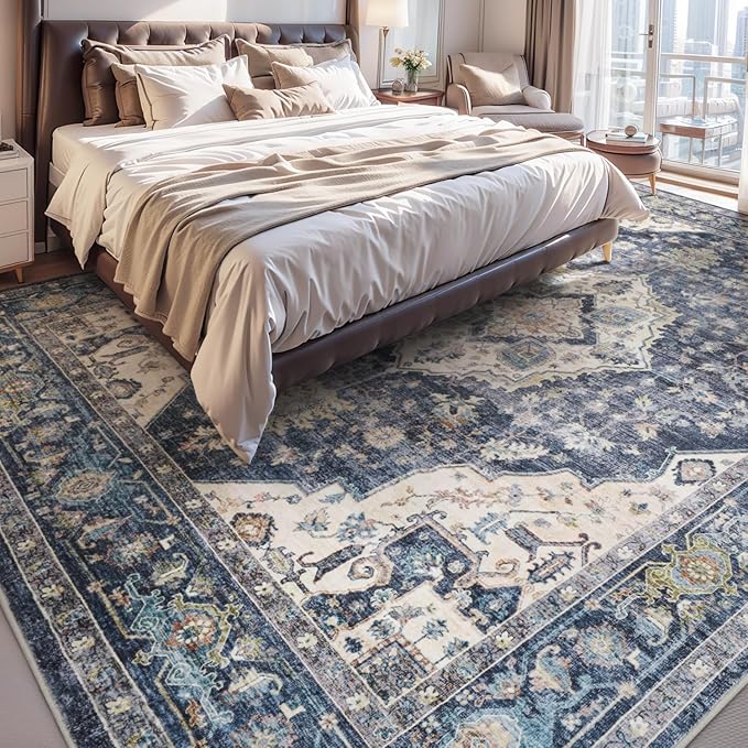 AMOAMI-4X6 Area Rugs for Living Room -Soft Vintage Bedroom Rugs-Non Slip Washable Rug-Throw for Living Room Bedroom Bedside Dining Room Office Blue