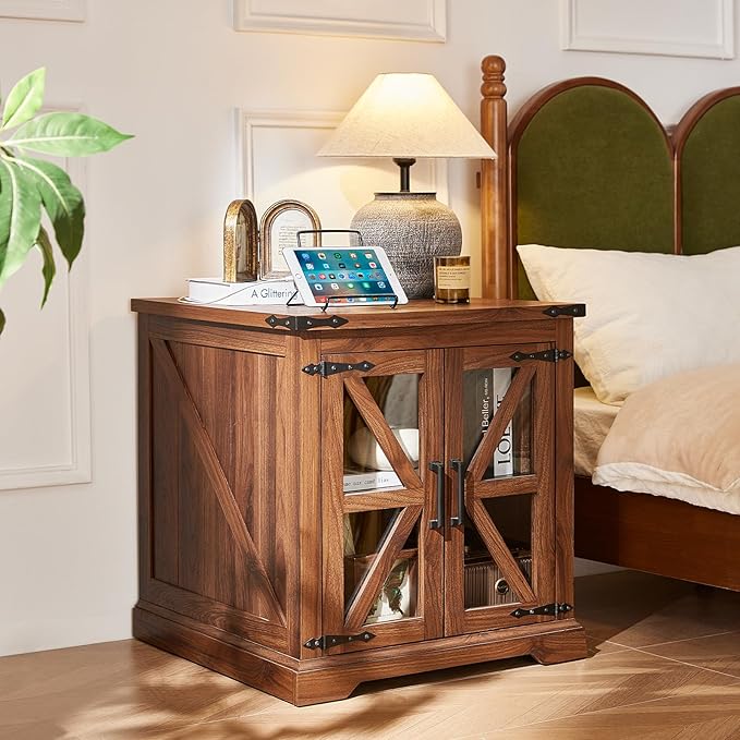 24" End Table Set of 2 with Charging Station, Farmhouse Night Stand with Glass Barn Door, Nightstands with Adjustable Storage Shelf, Large Wood Square Bed Side Table for Living Room,Bedroom