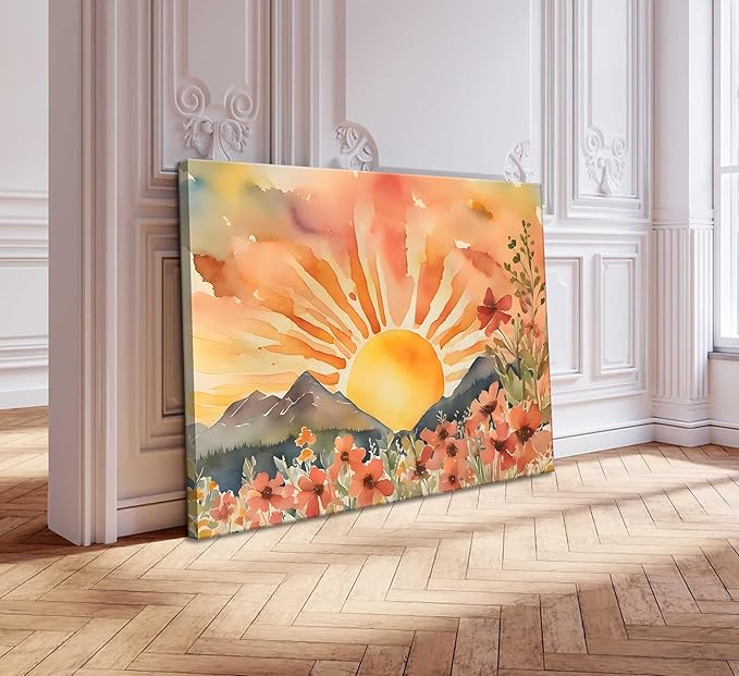 Boho Sun Canvas Wall art Mid-Century Modern Abstract Bohemian Sunset in The Mountains Watercolor Wildflowers Sunrise Landscape Picture Wall Decor Poster Print Artwork for Living Room Bedroom