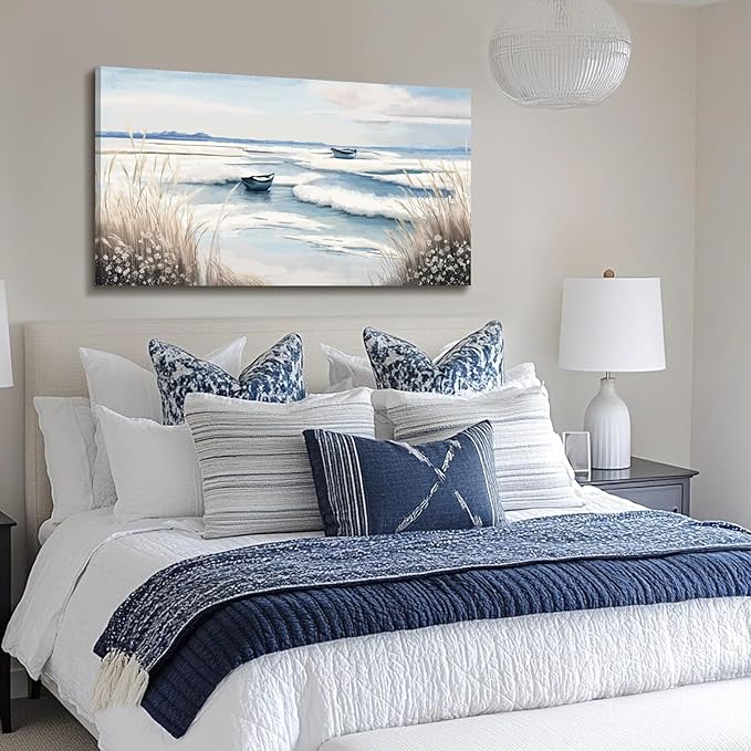 amatop Large Canvas Art Wall Decor for Bedroom Living Room –Rustic Coastal Ocean Artwork for Walls with Sailboat and Waves – Blue and White Nautical Beach Seascape Canvas Print 48x24 Inch