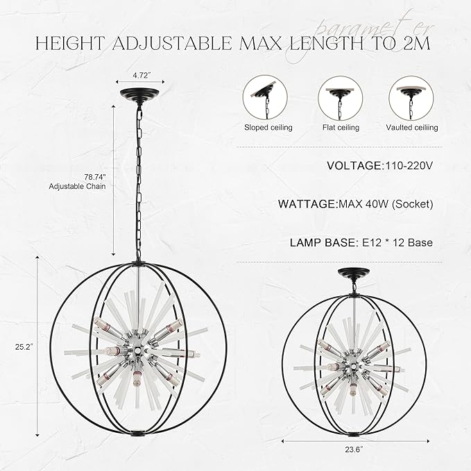 23.6" Black Chrome 12-Light Globe Sputnik Chandelier Modern Adjustable Hanging Ceiling Glass Tube Pendant Light Fixture for Entryway Foyer Staircase Dining Living Room Hallway