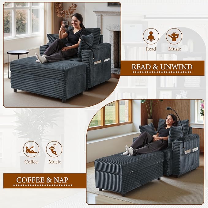 Accent Chair with Storage Ottoman Upholstered Living Room Chairs for Reading Chair with Chaise Lounge Chairs Indoor, Comfortable Armchair for Bedroom