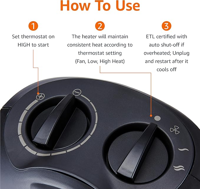 Amazon Basics Ceramic Space Heater, Portable Indoor Heating Solution, With Overheat and Tip-Over Protection, Thermostat, Non-Oscillating, 1500W, 7.52"D x 6.34"W x 9.45"H, Black