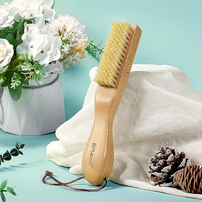 BFWood Laundry Stain Brush, Large Natural Soft Boar Bristles, Removes Tough Stains from Delicate Fabrics Like Knits, Cotton, and Linens, Gentle on Fabrics, No Damage