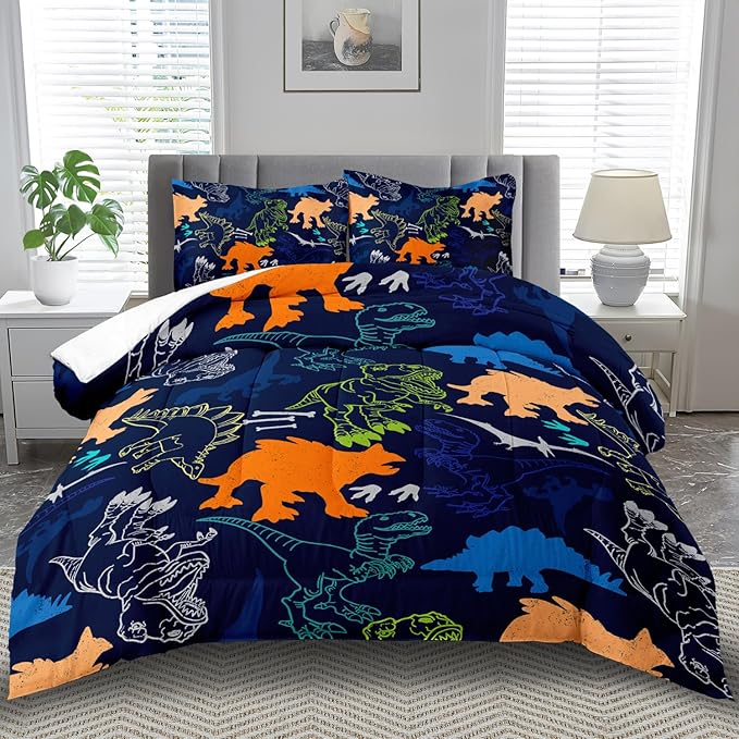 Blue Dinosaur Comforter Set Queen Boys,Cute Dinosaur Bedding Set Queen for Kids,Kawaii Dragon Comforter Blue Bedroom Decor,Cute Animal Bedding Kawaii Animal Quilt Boys