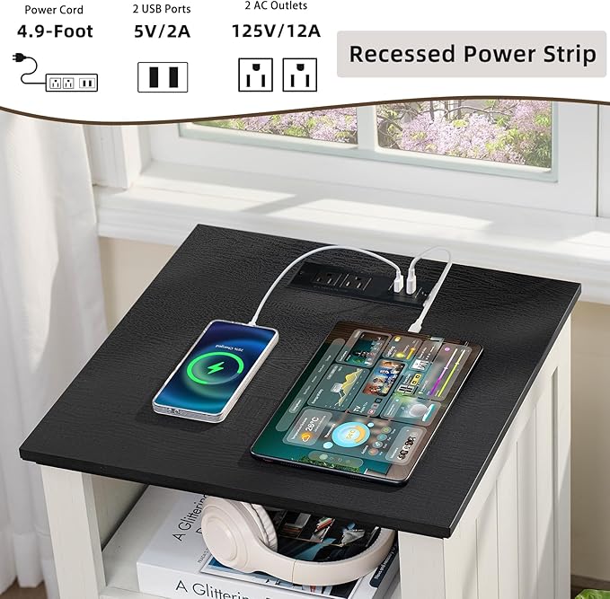 18" Farmhouse Night Stands Set of 2 with Charging Station, 2 Drawers End Table Dresser for Bedroom， Wooden Nightstand, Bed Side Table with Open Shelf, Bedside Cabinet for Living Room（White）