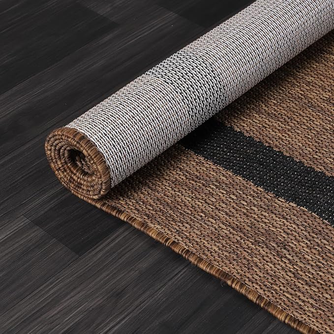 Bordered Outdoor Rug 10x14 Washable Outside Carpet for Indoor Patio Porch Waterproof Easy Cleaning Non Shedding Area Rugs Nut Brown - Black 10 x 14
