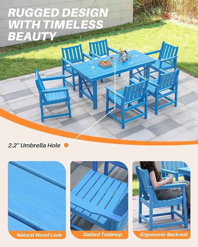 HDPE Patio Dining Set, 5-Piece Outdoor Table and Chairs with Umbrella Hole, Modern Outdoor Dining Set for 4, HDPE Outdoor Patio Furniture Dining Sets for Deck, Poolside, Porch, Sky Blue