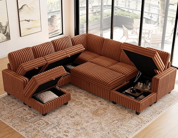 Belffin Oversized Sofa Bed Modular Sectional Sleeper Sofa with Pull Out Bed L Shaped Couch with Storage Chaise Brick Red Couch