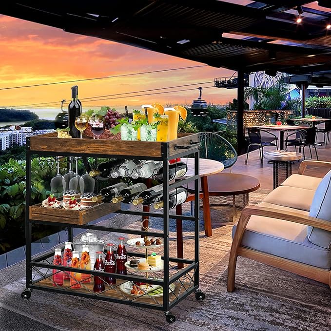 Bar Cart for The Home, 3 Tire Industrial Rolling Serving Cart on Lockable Wheels, Alcoholic Beverage Trolley with 2 Removable Trays, Wine Rack and Glass Holder for Indoor, Outdoor