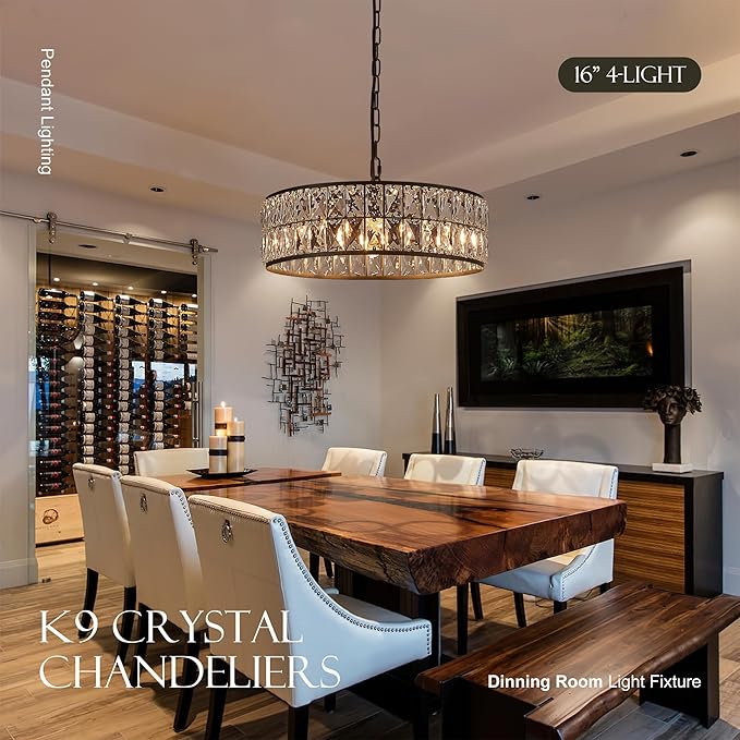 16” 4-Light Modern Crystal Chandeliers Black Dinning Room Light Fixture, Round Pendant Light Kitchen Island Chandelier, Flush Mount Ceiling Light for Living Room Entryway Bedroom Foyer