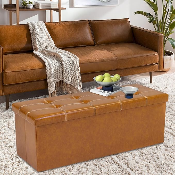 43 Inches Folding Storage Ottoman Bench, PU Leather Storage Chest, Footrest Padded Seat for Bedroom and Hallway, Holds up to 660 lbs, Light Brown