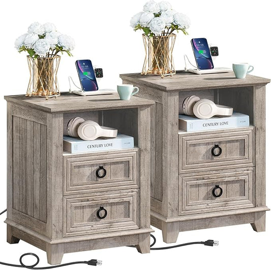 18" Farmhouse Night Stands Set of 2 with Charging Station, 2 Drawers End Table Dresser for Bedroom, Oak Wooden Nightstand, Bed Side Table with Open Shelf, Bedside Cabinet for Living Room