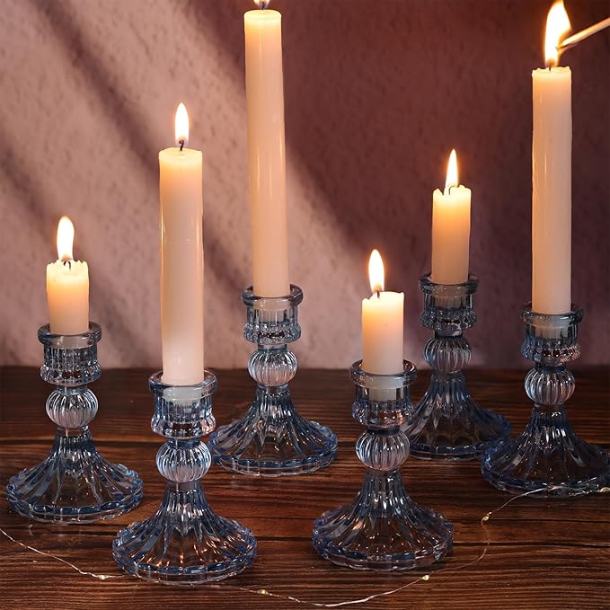 12PCS Blue Candlestick Holders Set- 4" H Taper Candle Holders, Glass Candle Holders Bulk for Wedding, Party, Home Table Centerpieces, Festival Gifts & Windowsill Decor