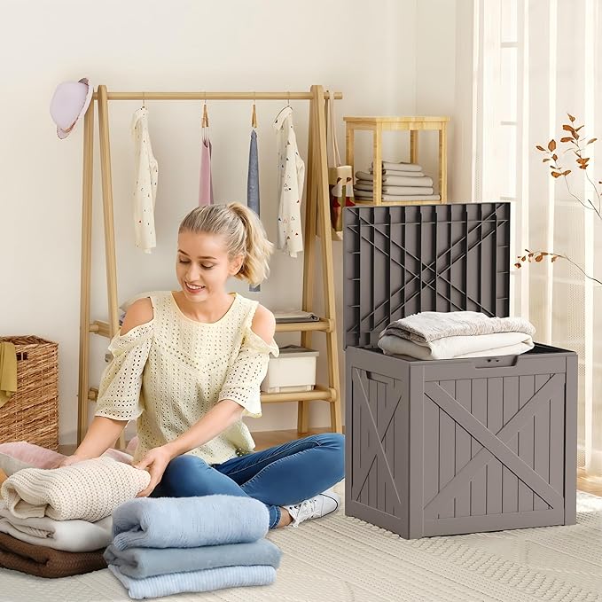 32 Gallon Deck Box Large Outdoor Storage for Patio Furniture,Outdoor Cushions,Garden Tools and Pool Supplies,Waterproof,Resin,Lockable(Grey)