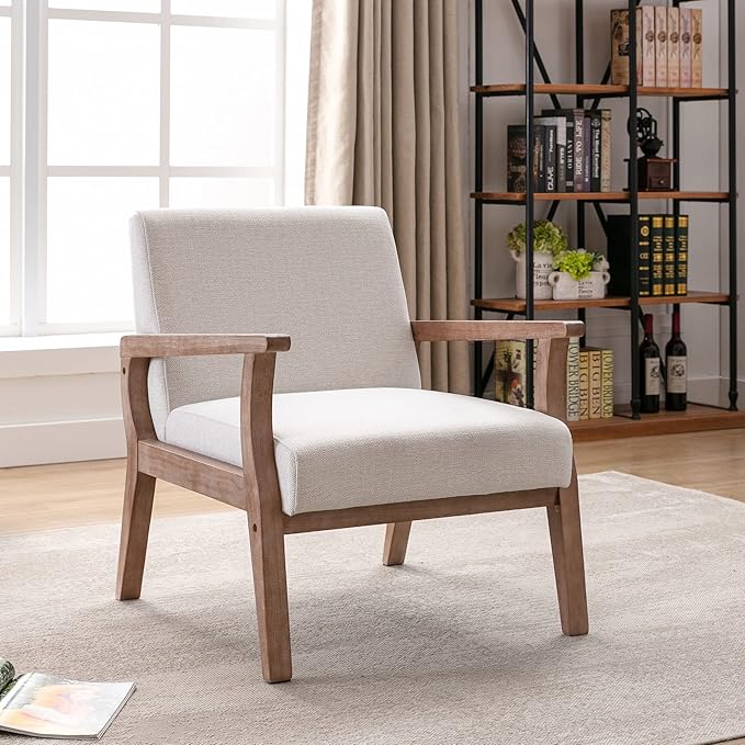 Accent Chair Mid Century Modern Armchair, Linen Upholstered Living Room Accent Armchair with Wood Frame, Farmhouse Chair Indoor Corner Chair for Living Room Bedroom, Ivory