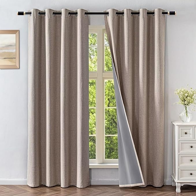 Blackout Curtains 84 Inch Length 2 Panels Set, 100% Black Out Textured Thermal Curtains, Grommet Privacy Light Blocking Drapes for Living Room Bedroom Luxury Decor(52W × 84L inch, Beige)